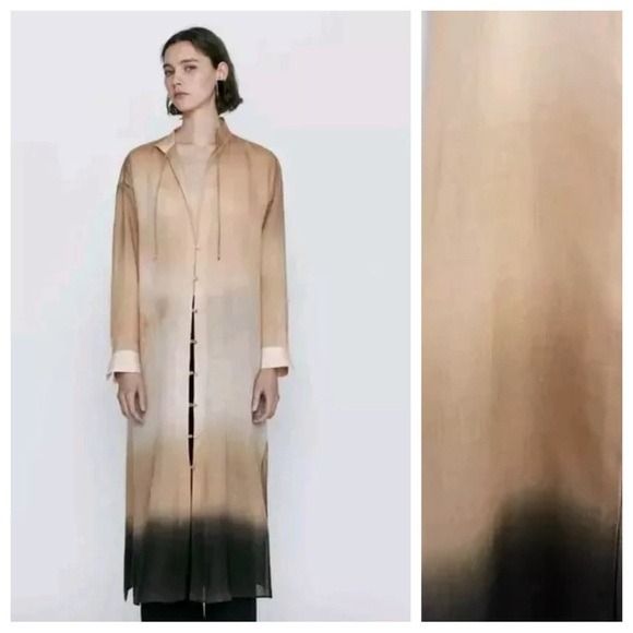 NWT. Massimo Dutti Cream/Brown Ombre Ramie Oversized Tunic Dress. Size L.