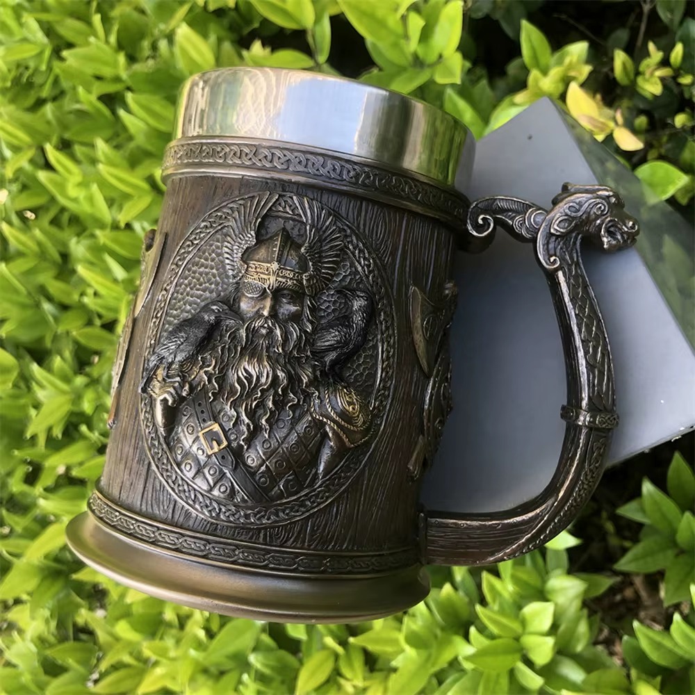 Vikings Odin Crow Warrior Tankard – Stainless Steel Danegeld Beer Mug with Axe &