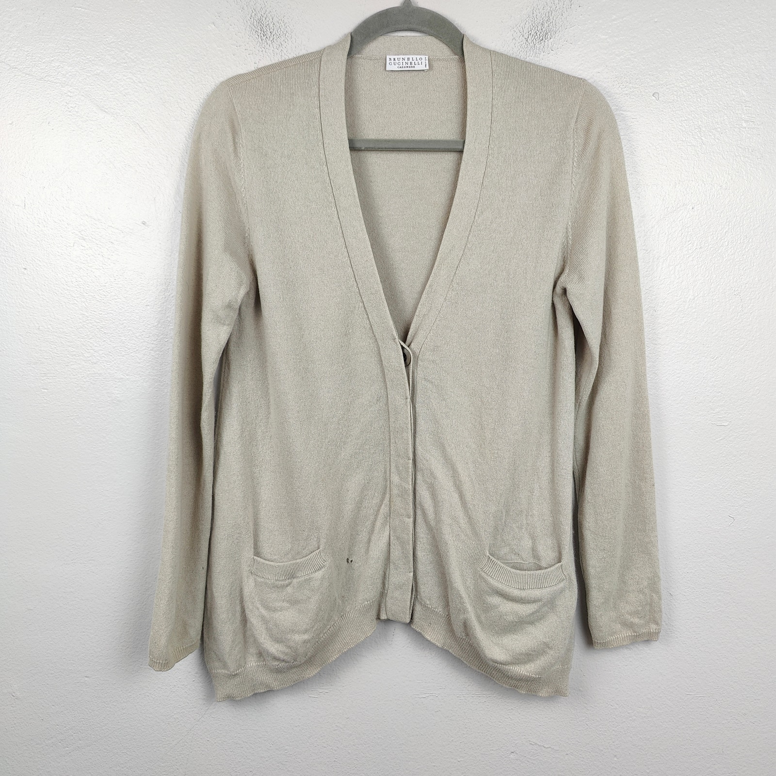 Brunello Cucinelli 100% Cashmere Cardigan Womens Small Tan Pockets FLAWED READ