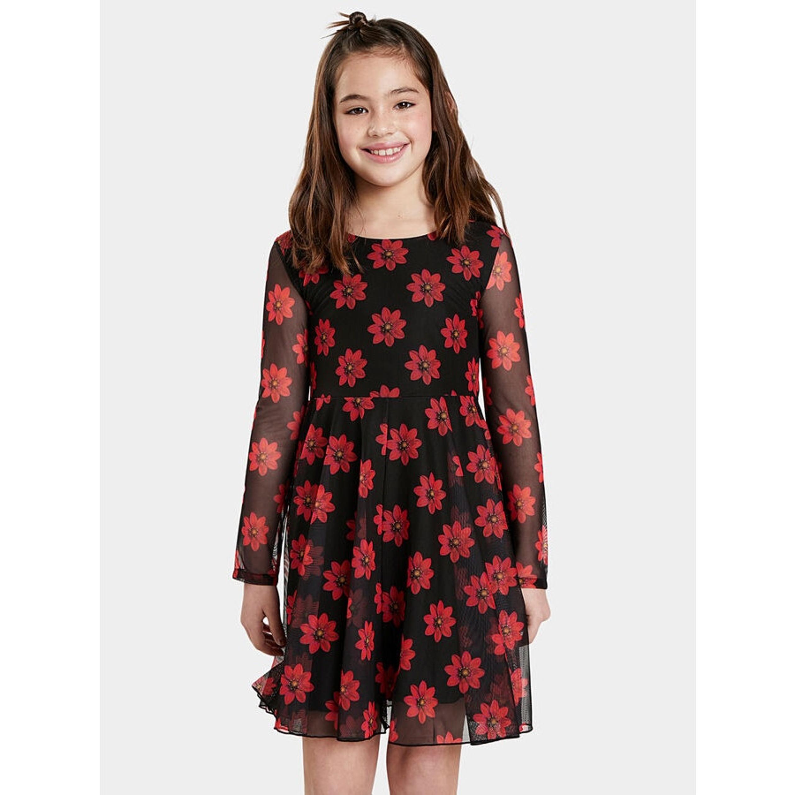 Desigual Girls Dress Size 13/14 Red Daisy Flowers Mesh Black Long Sleeve