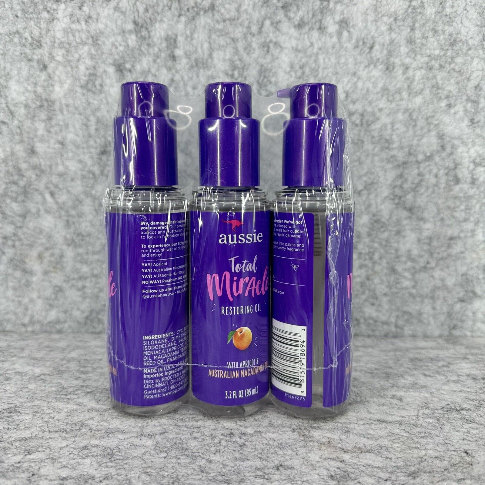 3 Pack Aussie Total Miracle Restoring Oil 3.20 oz. New Sealed Apricot Macadamia