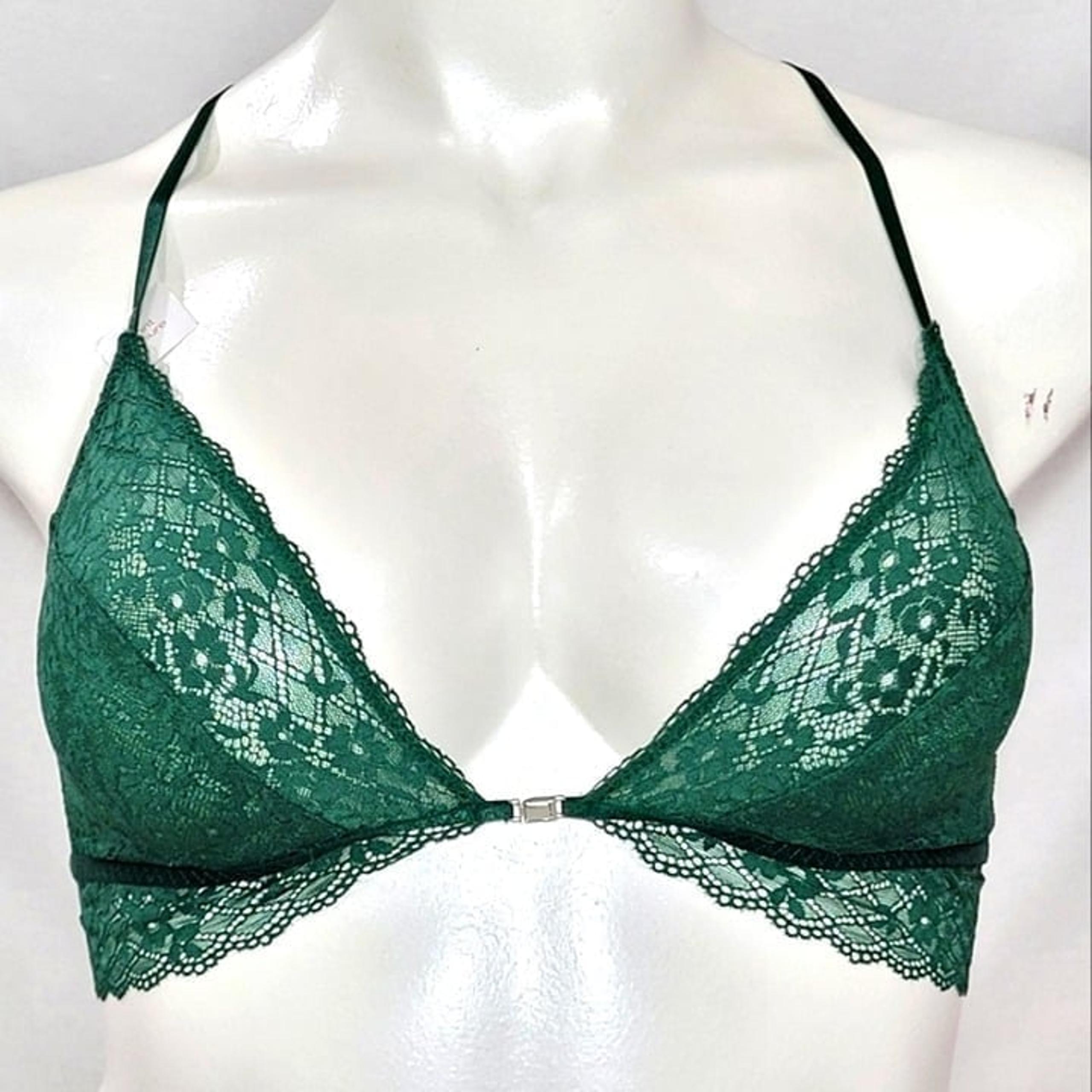 XS Gilligan O'Malley Front Close Sheer Lace Y-Back Wire Free Bra Bralette Green