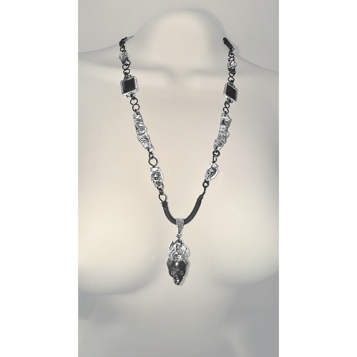 Hand Crafted Crystal Skull Pendant Silver W/ Black Onyx & Silver Blend Metalwork