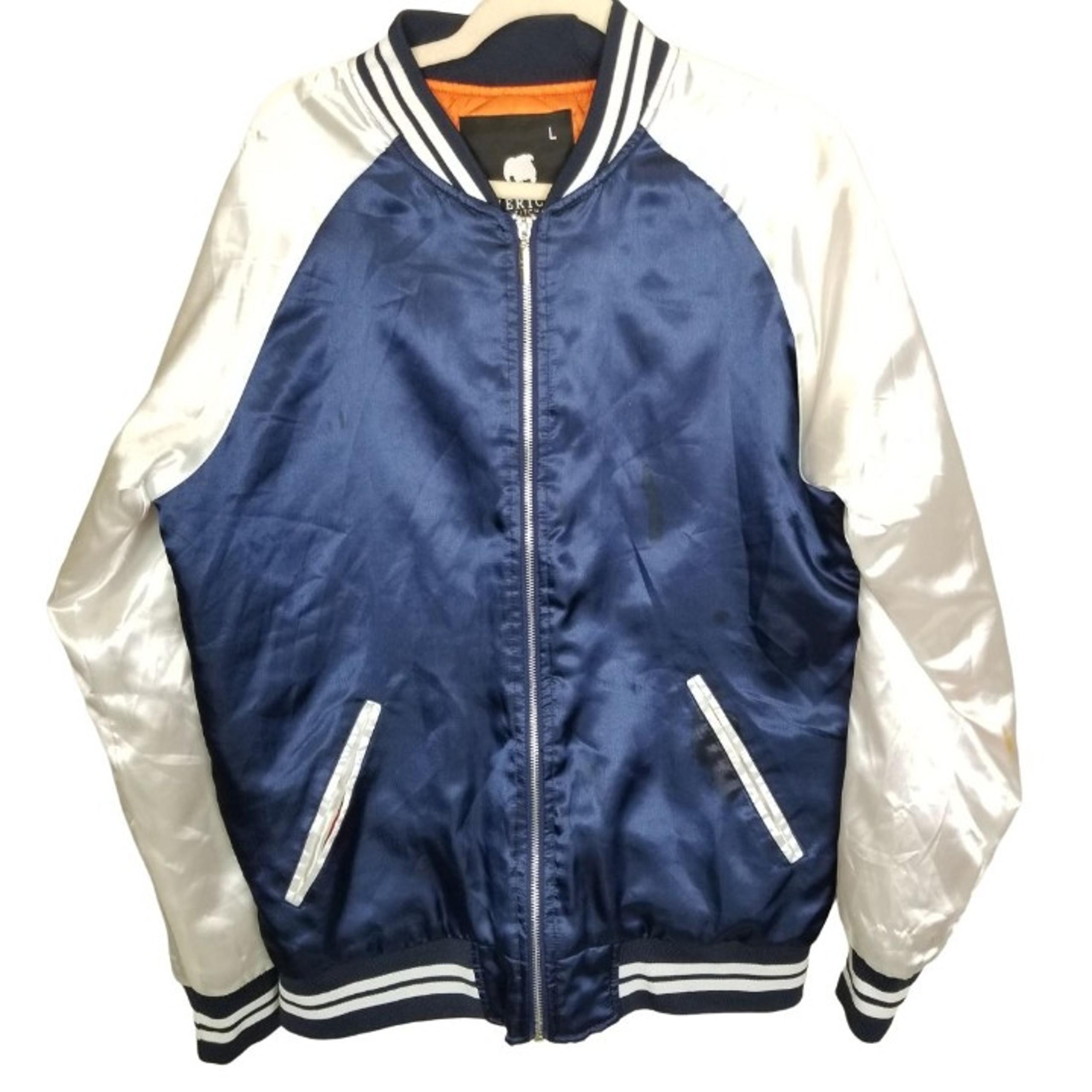 American Stitch Mens L Blue Embroidered Fish Full Zip Bomber Varsity Jacket