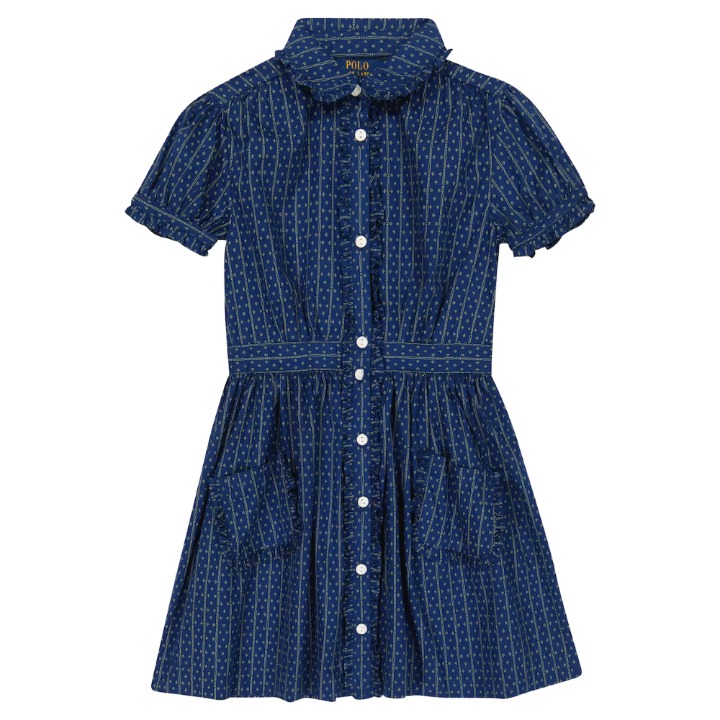 Polo Ralph Lauren Girls Navy Blue Geometric Printed Cotton Poplin Dress