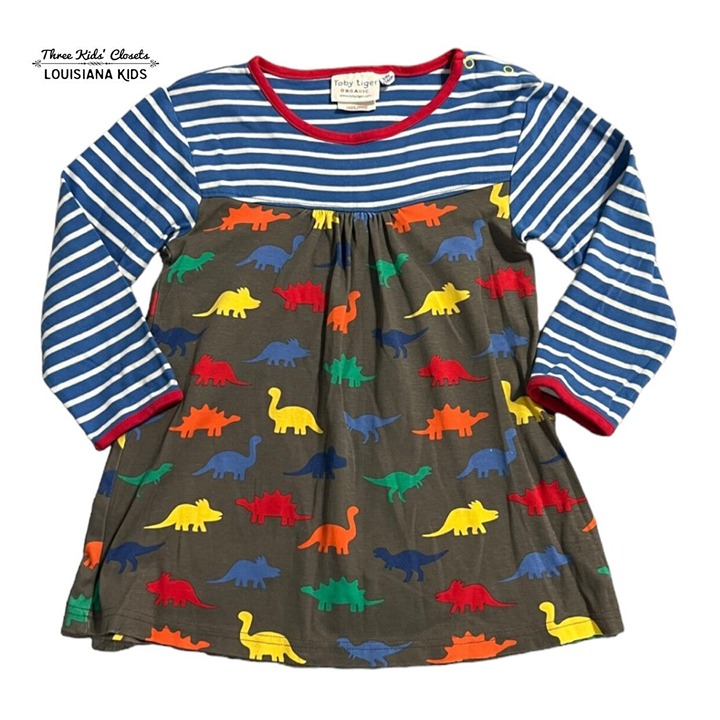Toby Tiger 5/6Y Organic Colorful Dinosaurs & Stripes Dress