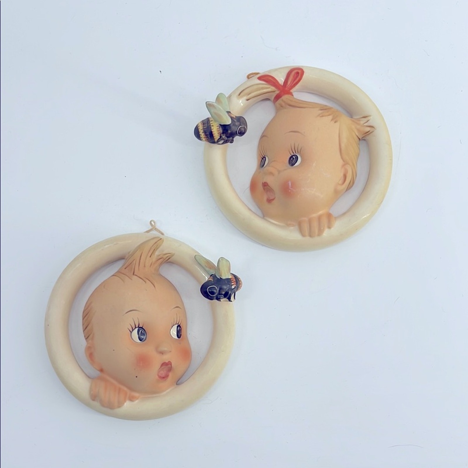 Vintage 1950's Goebel Hummel Ba-Bee Boy Girl Ring Porcelain Wall Plaque Set of 2