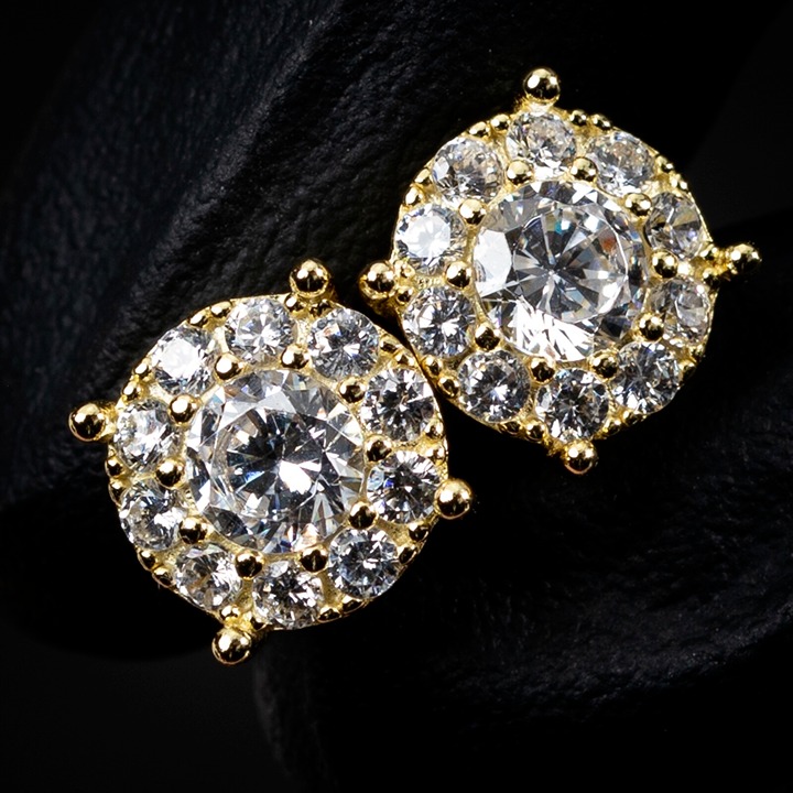 14K Gold Plated Hip Hop Iced Cz Cluster 925 Sterling Silver Stud Earrings 10mm