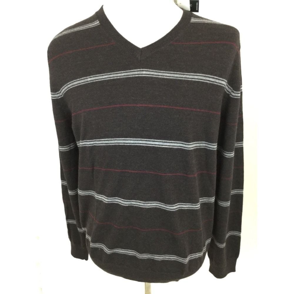 NWT Banana Republic Sweater Mens Merino Wool Navy V-Neck Striped Pullover Sz L