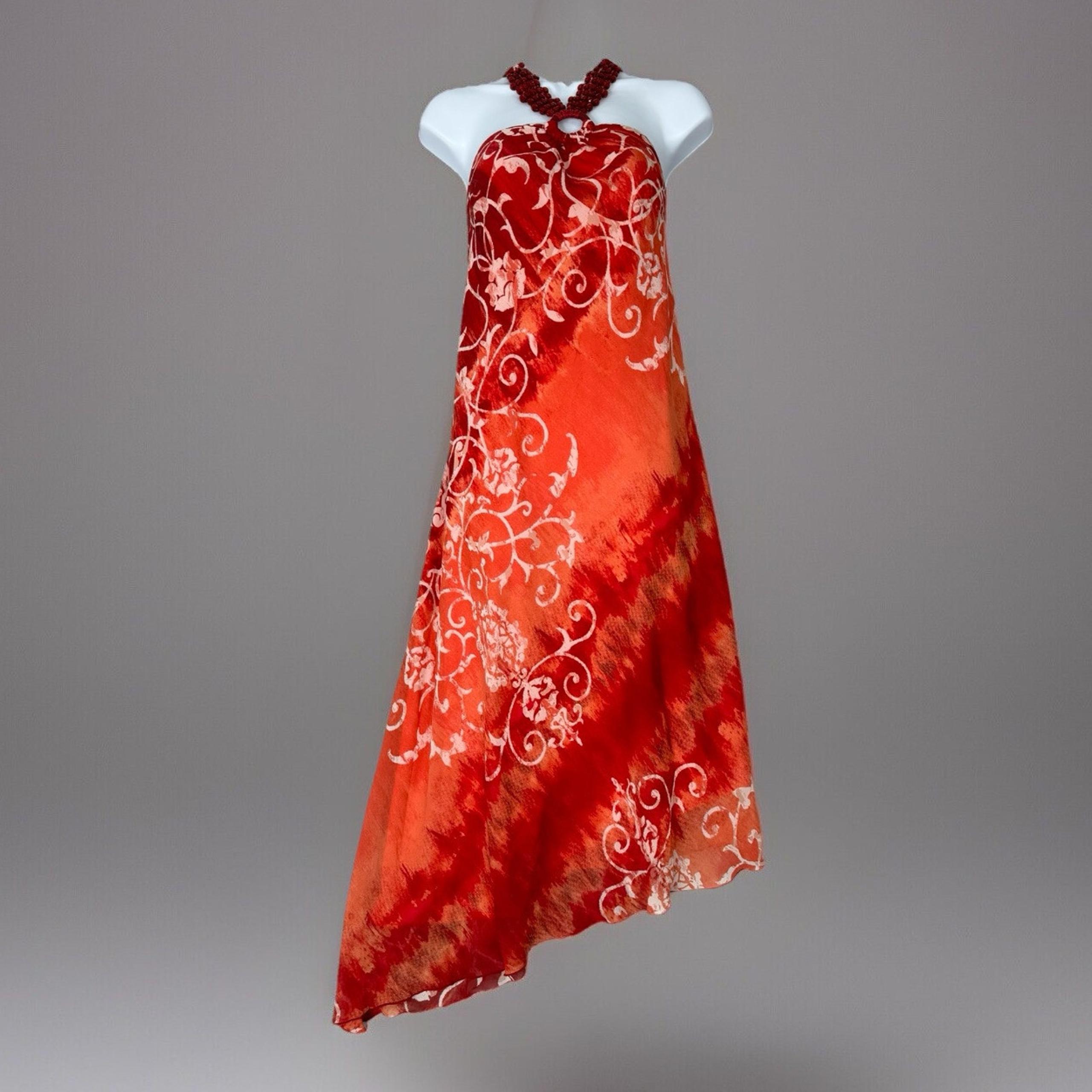 Vintage Rabbit Womens Dress 16 Red Beaded Halter Asymmetric Midi Fairy Y2K