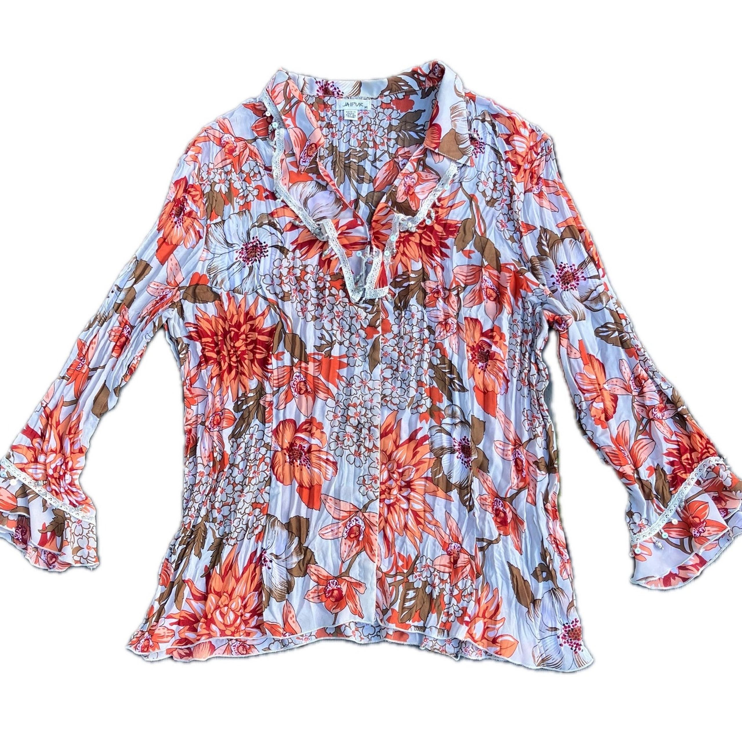 Floral beaded sequin trim pleated button down blouse, bohemian hippie fairycore