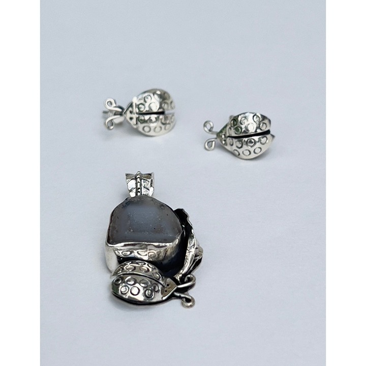 925 Sterling Silver Ladybug Gemstone Geode Jewelry Set