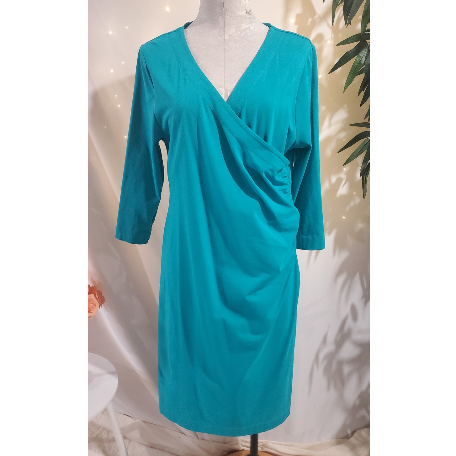 Soft Surroundings Wear Anywhere Faux Wrap Dress Size L Teal 3/4 Sleeve Stretch