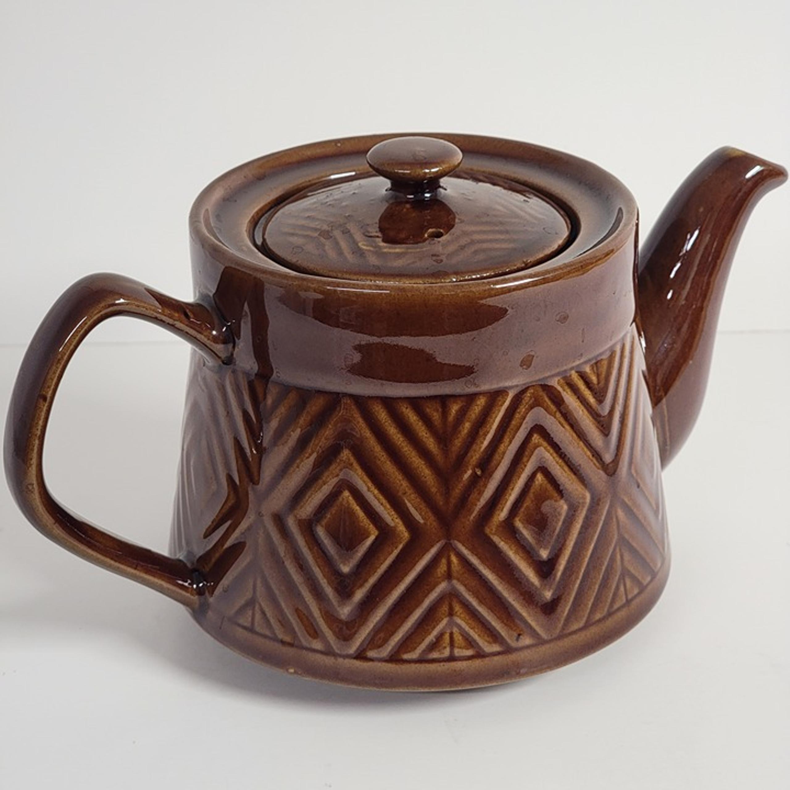 Vintage Brown Ceramic Teapot Geometric Design Made in China Excellent Condition