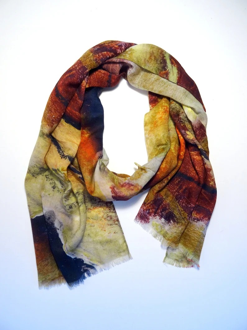 Abstract Earthtone Wool Scarf - Winter Scarf - Gift for Her - 15”x72”