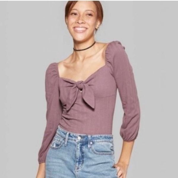 NWT WILD FABLE Puff Sleeve Front Knot Top Plum S Boho