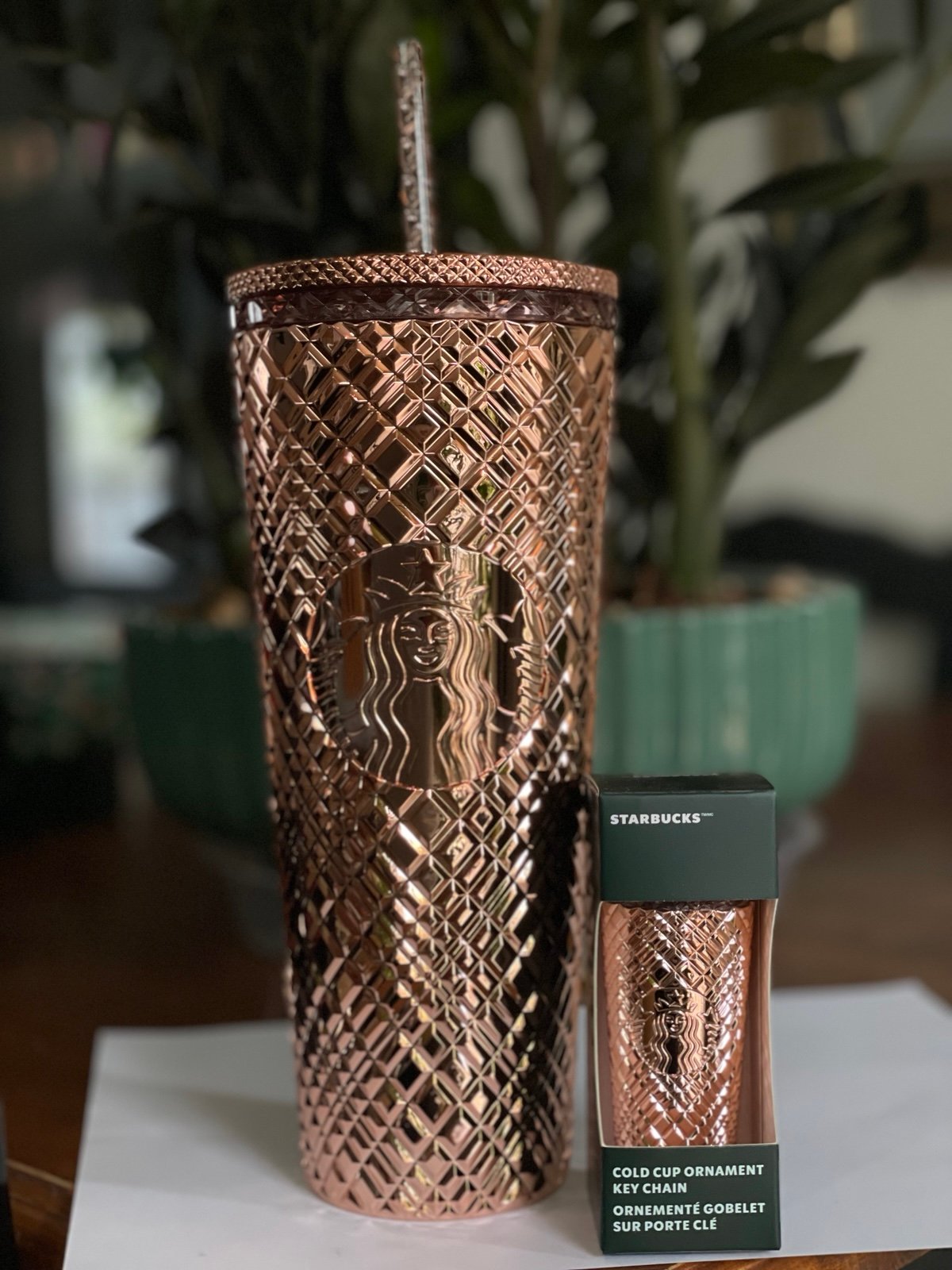 Starbucks Rose Gold Jeweled tumbler and matching keychain