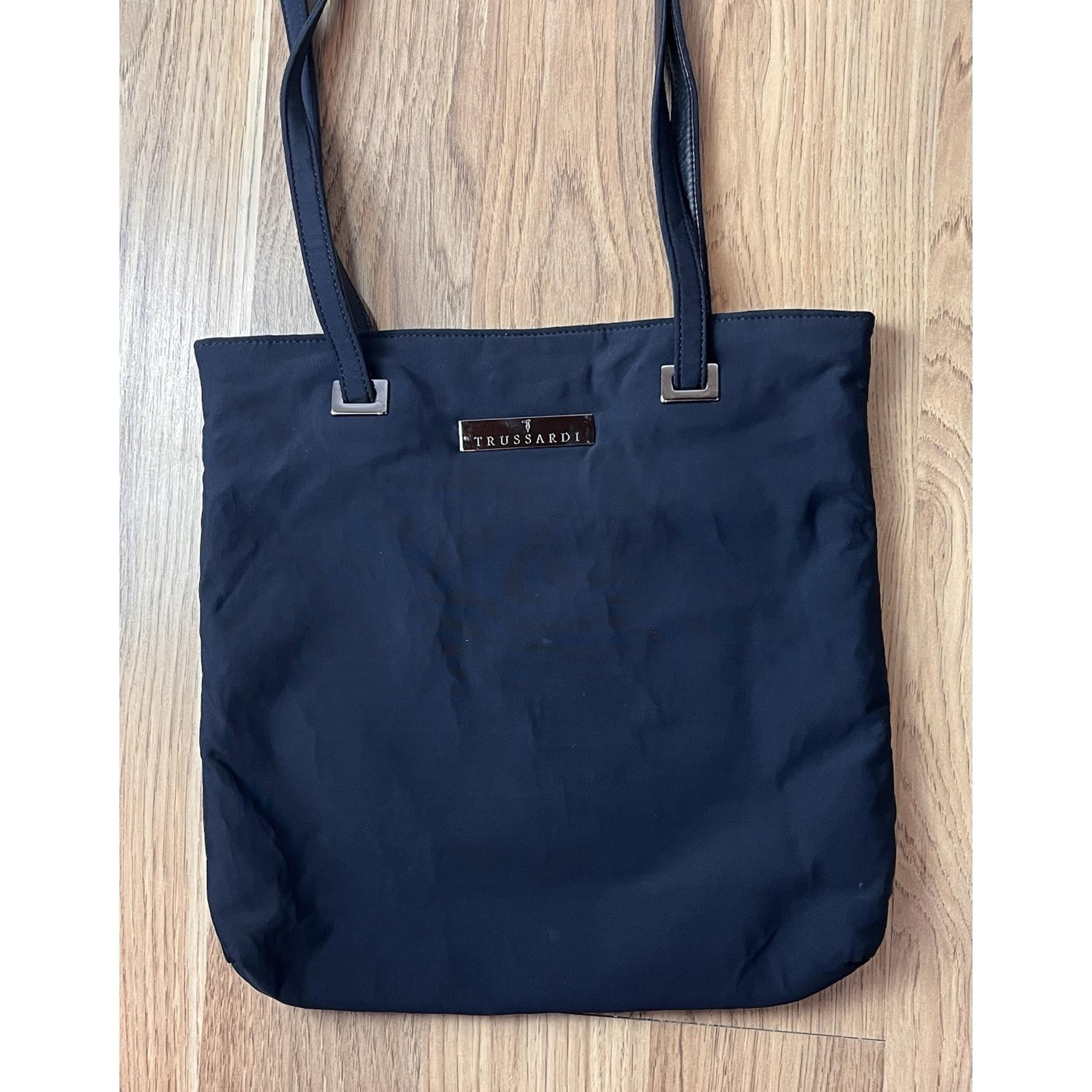 Trussardi Black Nylon Shoulder Bag Tote Leather Straps Medium