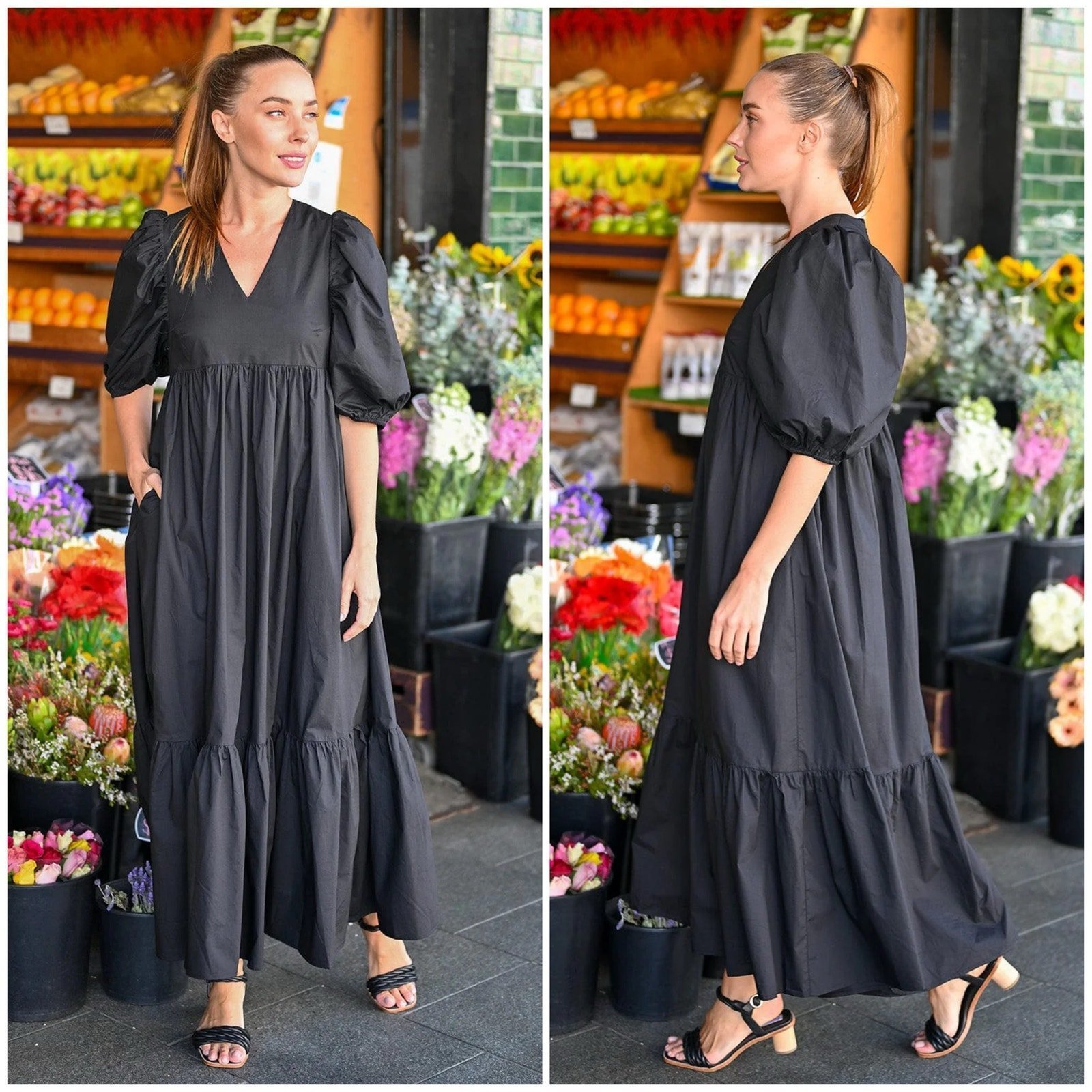 Wyatt Wylde Marcell Maxi Black Puff Sleeve Dress // Size XS