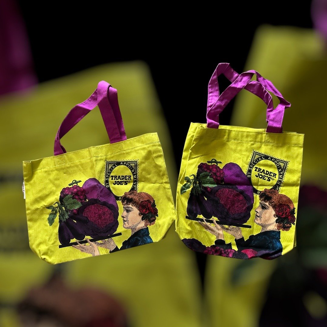 2X Trader Joe’s Canvas Shopping Bag Fruit Lady Special Appointment Purple RARE
