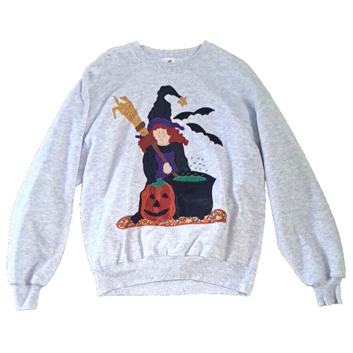 VTG Halloween Sweatshirt Womens Witch Red Hair Cauldron Pumpkin Gray Fall Bats L