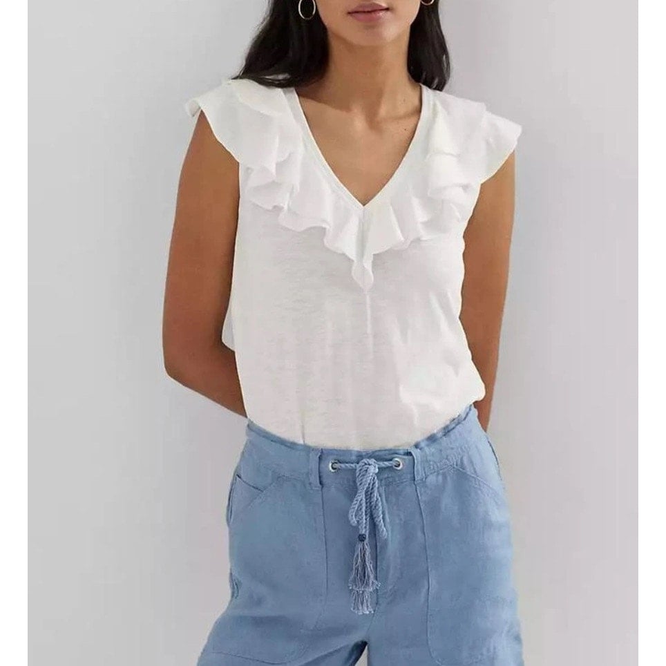 Ralph Lauren Sz XL Elevated White Slub Ruffled Sleeveless V-Neck Tee NWT