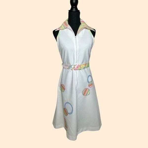 FLUTTERBYE Vintage White With Multi Color Accents MIDI Dress Size 8 - 10