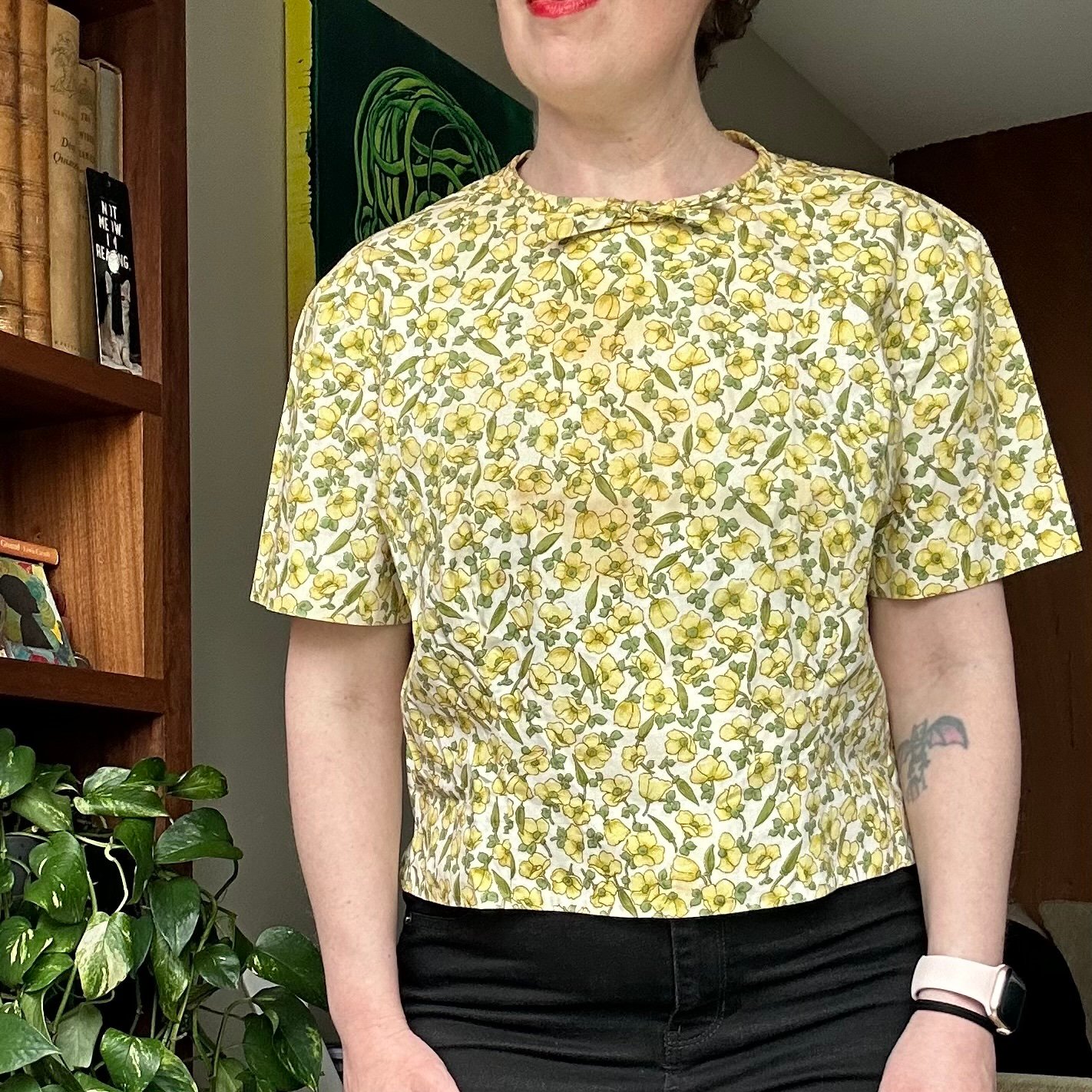 Vintage Floral Yellow and Green Women's Top with Bow at Neck