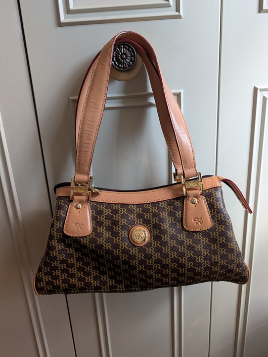 Rioni Signature Satchel Organizer Handbag Brown/Tan Monogram Pattern Moda Italia