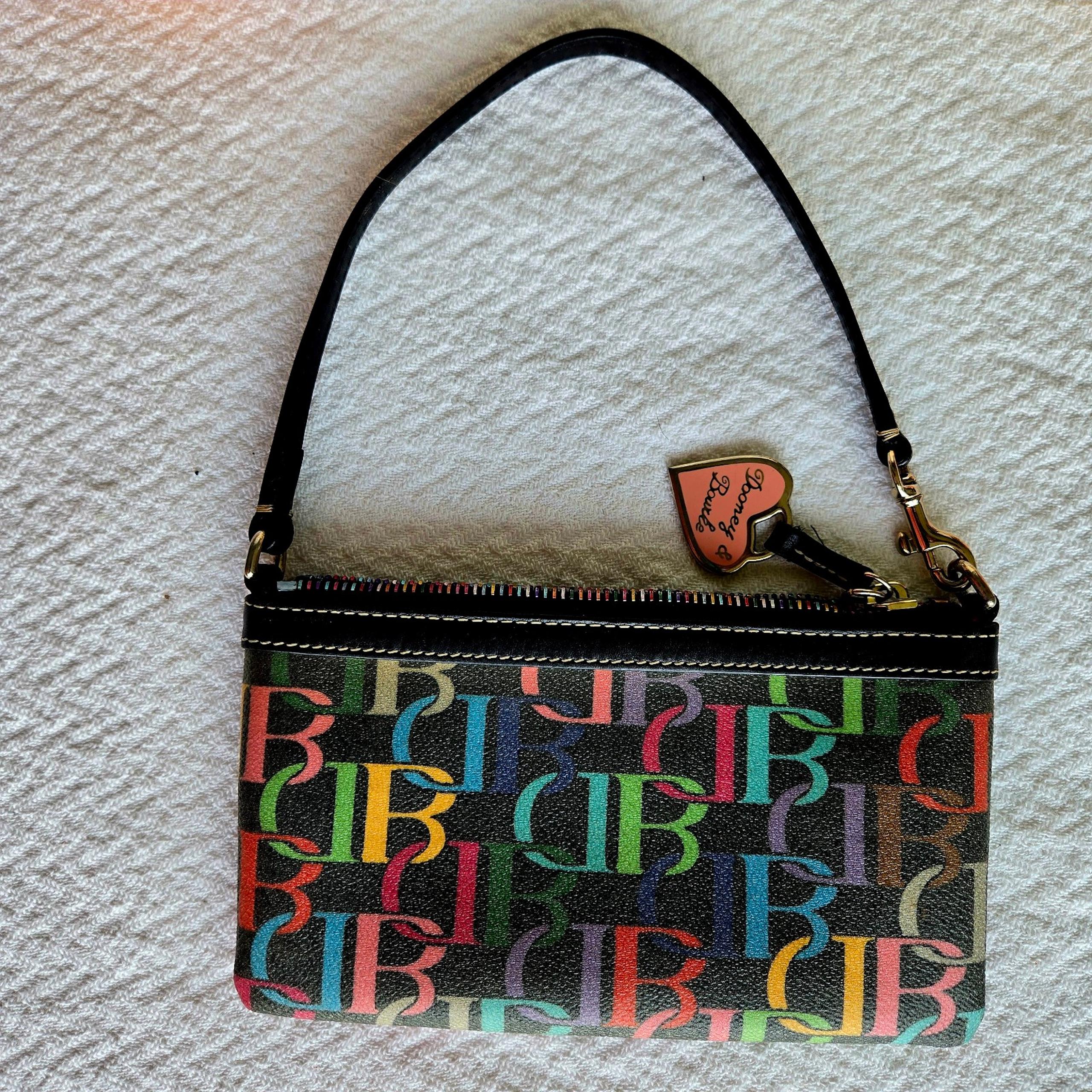 Dooney & Bourke DB Rainbow Monogram with pink heart hang tag. Wristlet/Clutch.