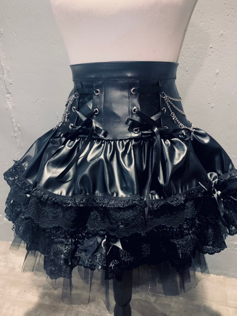 NEW Faux Leather Goth Lace Satin Bow + Chain Corset Skirt