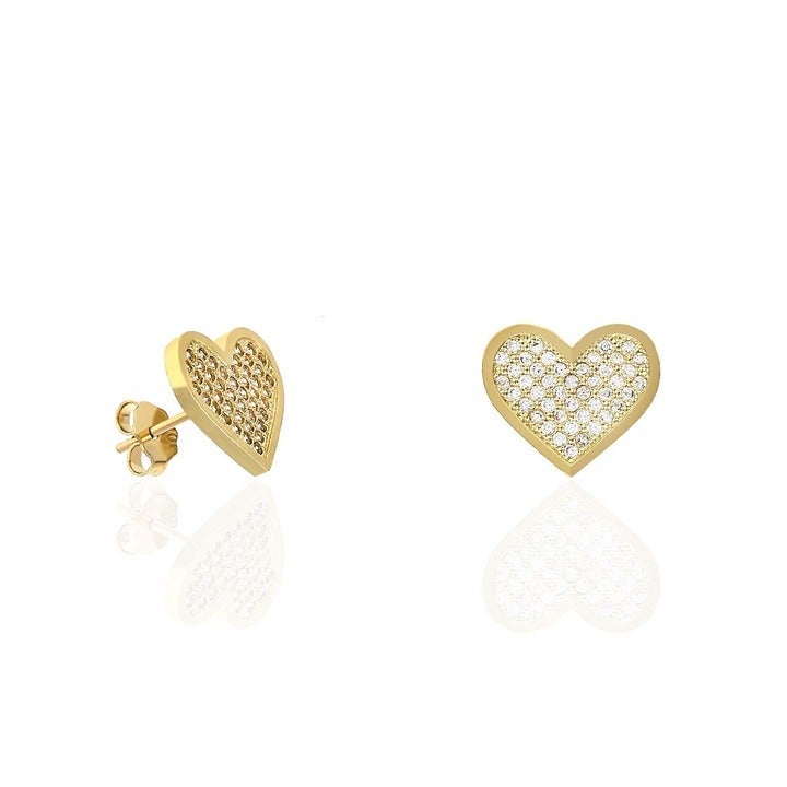 10K Yellow Gold Simulated Diamonds Pave Heart Stud Earrings 10mm