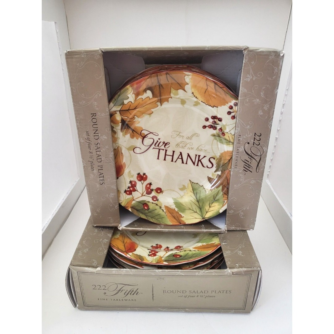 222 Fifth Thanksgiving Fall Autumn Give Thanks salad Plate Set Of 8 New