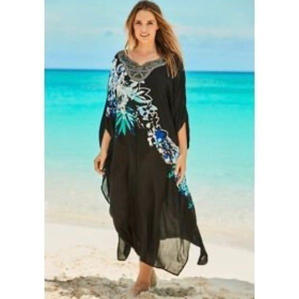 NWT Swimsuits For All Black Floral Beaded Neckline Cover-Up House Dress Size 14