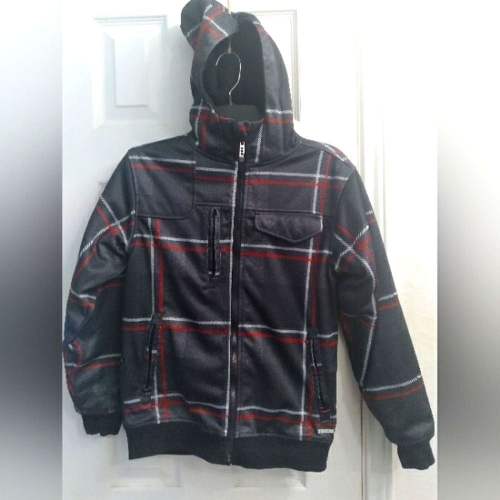Plaid Zip-Up Hooded Jacket Winter Casual Streetwear Black Red Gray Pattern