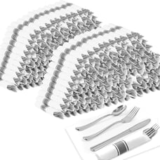 Pre Rolled Silver Plastic Cutlery Set, 300 Pack Wrapped Plastic Silverware Set