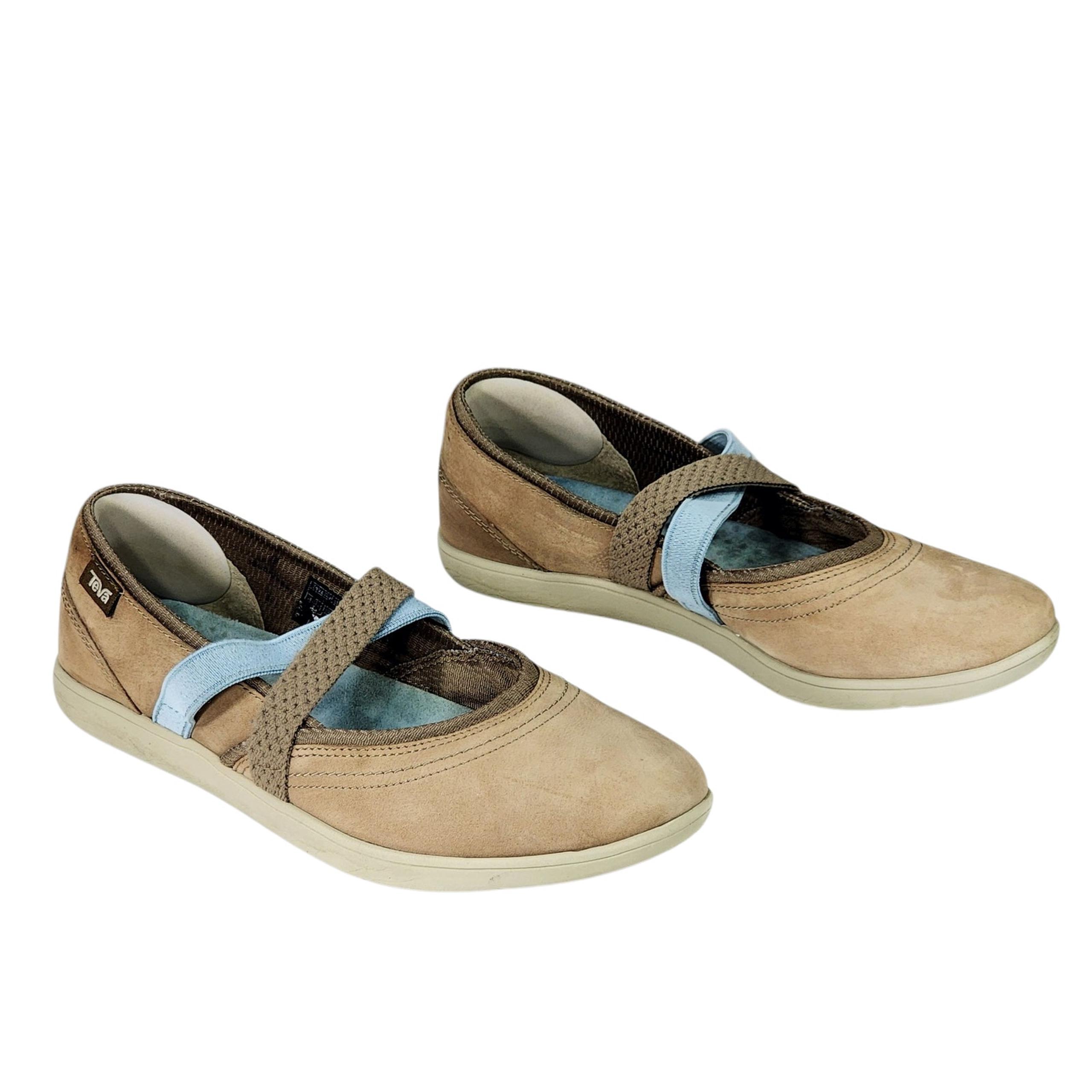 Teva Mary Jane Slip On Shoes sz 8.5 Women Hydro Life Leather Beige Blue Loafers