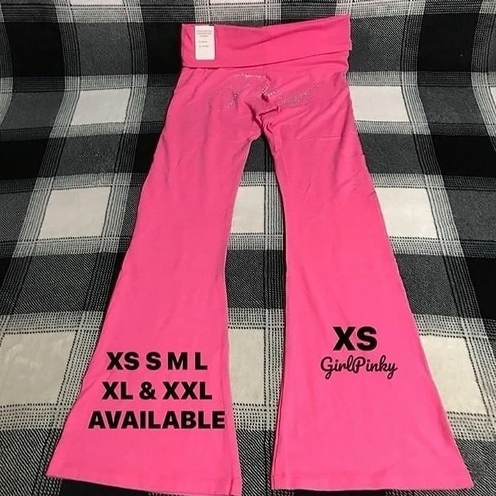 VS PINK FOLDOVER FLARE LEGGINGS CARMINE ROSE BLING LIMITED EDITION SMALL SHORT