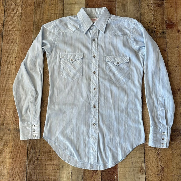 Vintage Wrangler Mens Long Sleeve Pearl Snap Shirt 15-34 Blue Stripe Long Tails