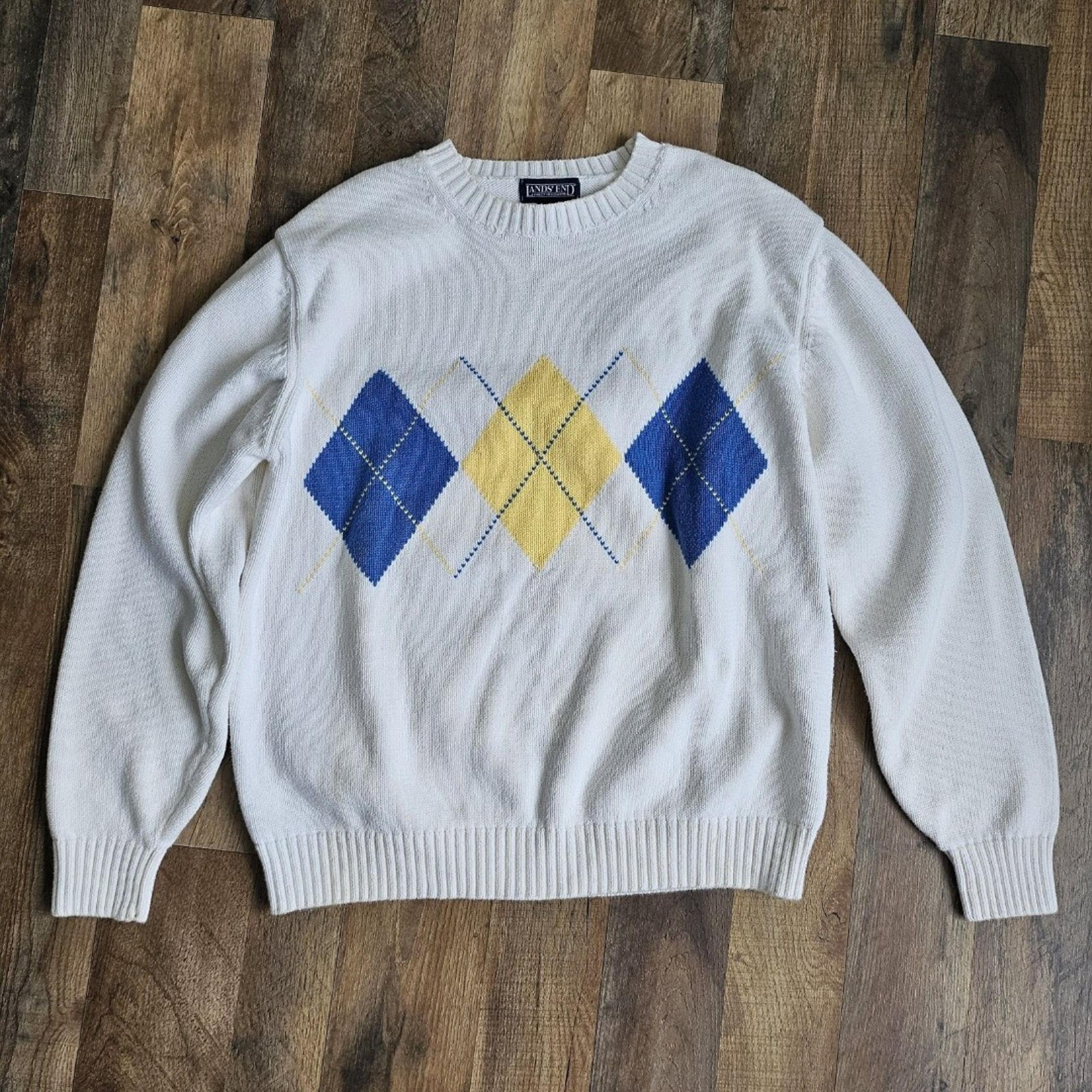 Vintage Land's End Sweater Geometric Argyle Pattern Cotton Men Large USA