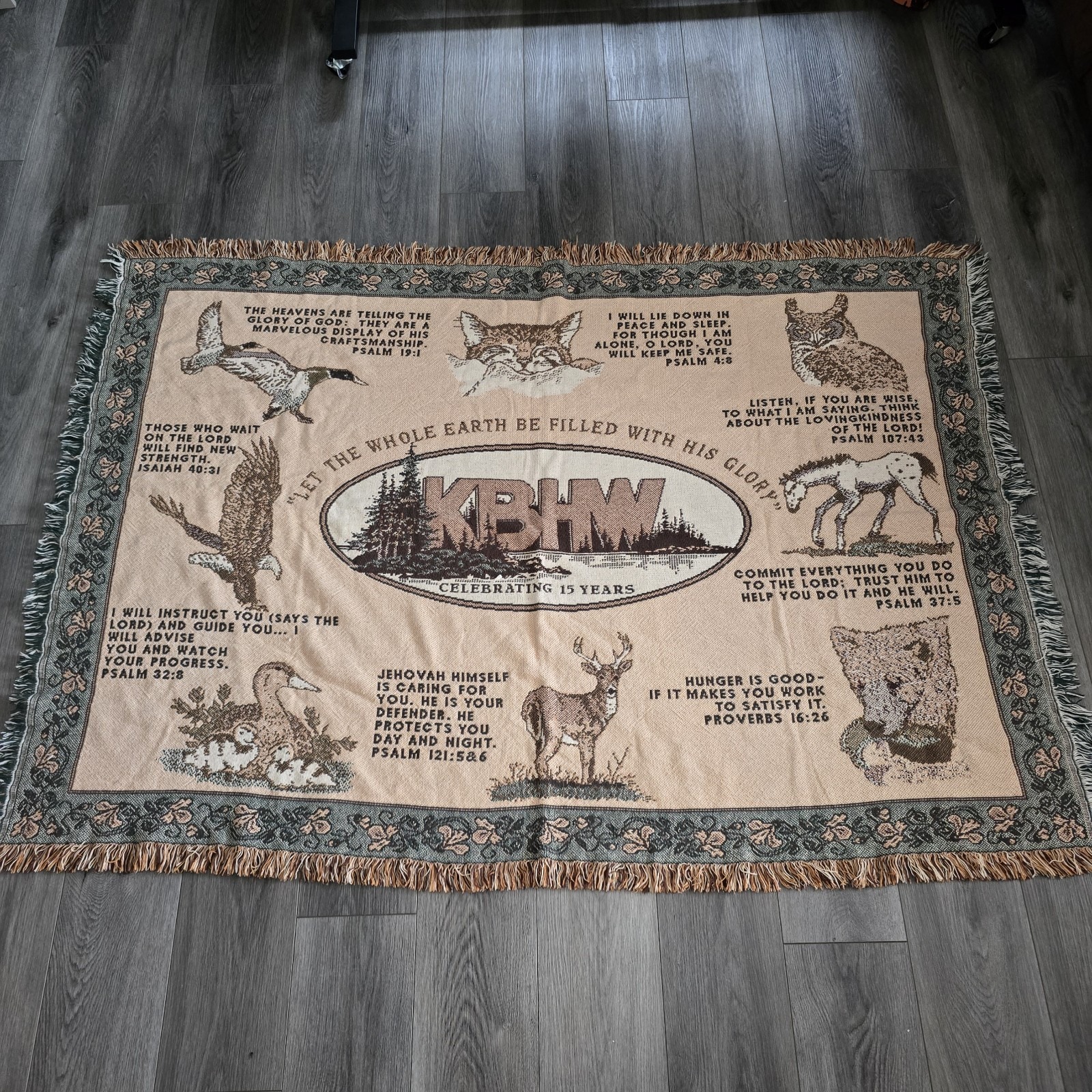 Vtg KBHW Radio Station Wildlife Animals Christian Bible Versus Blanket Tapestry