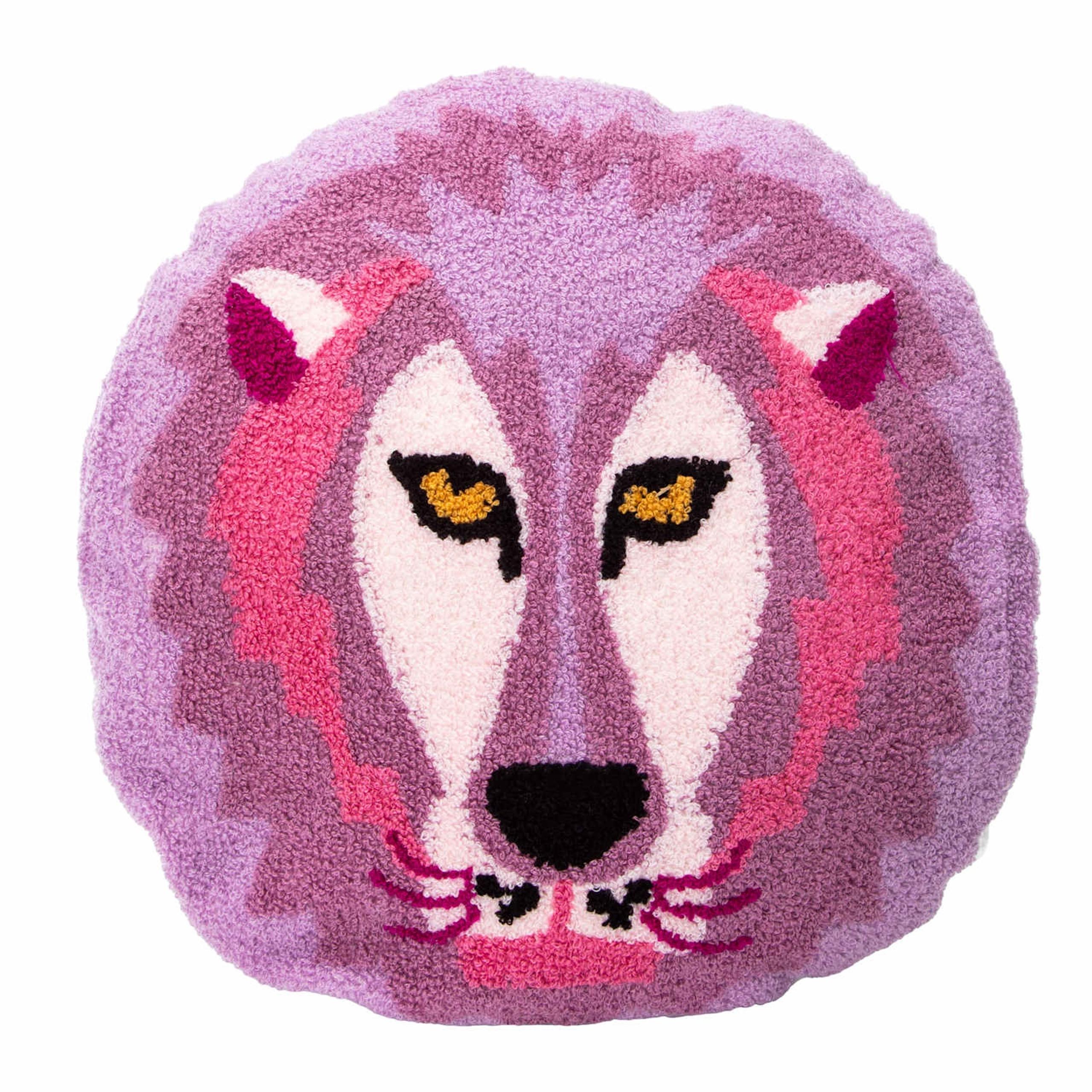 NWT Lion Face Embroidered Pink Purple Round Decorative Pillow 15x15” Tik Tok