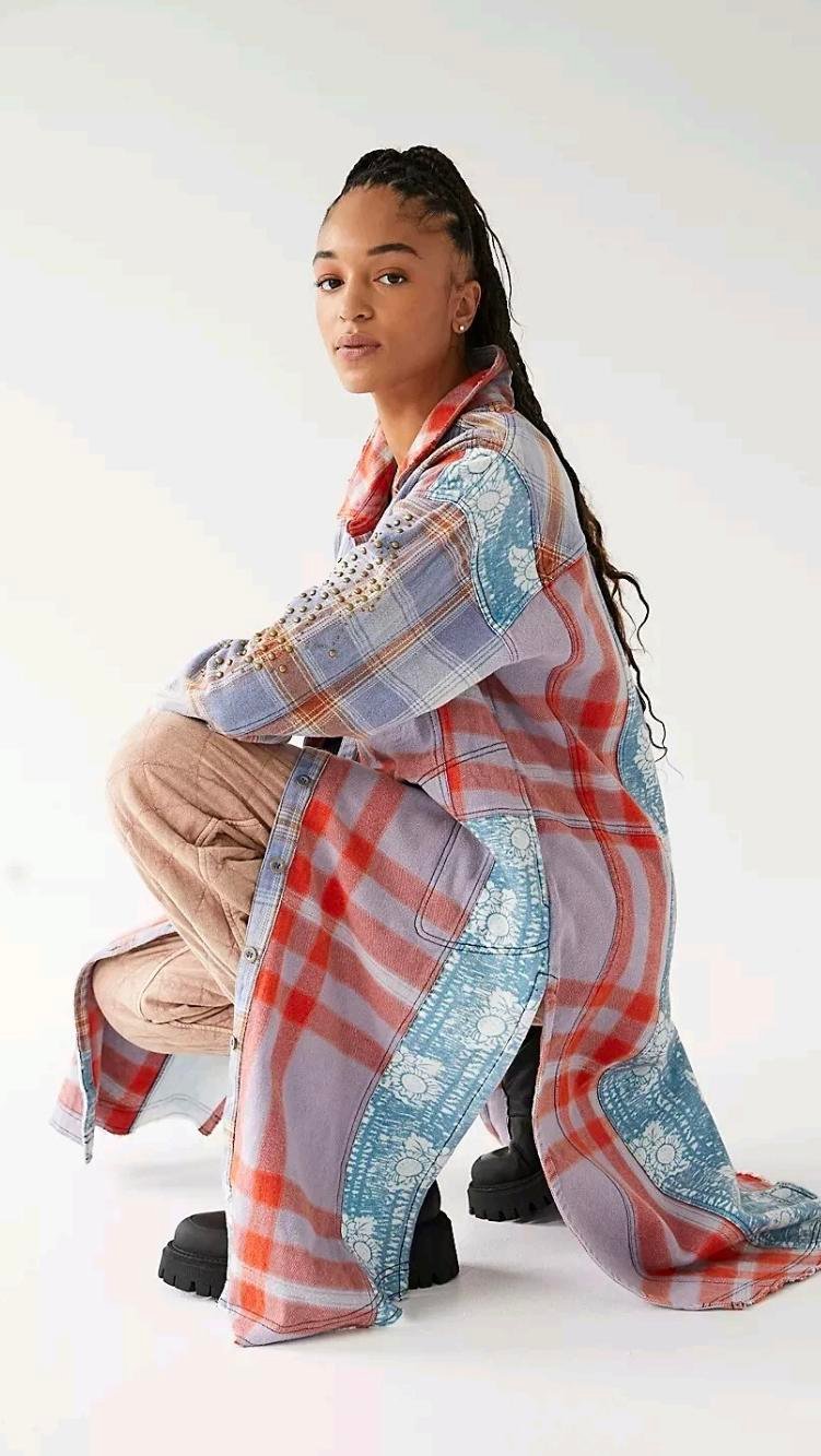 Free People Painted Hills Stud Flannel Maxi Duster
