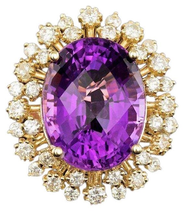 15.30Ct Natural Oval Purple Amethyst & Diamond Halo Solitaire Ring 14k Yellow