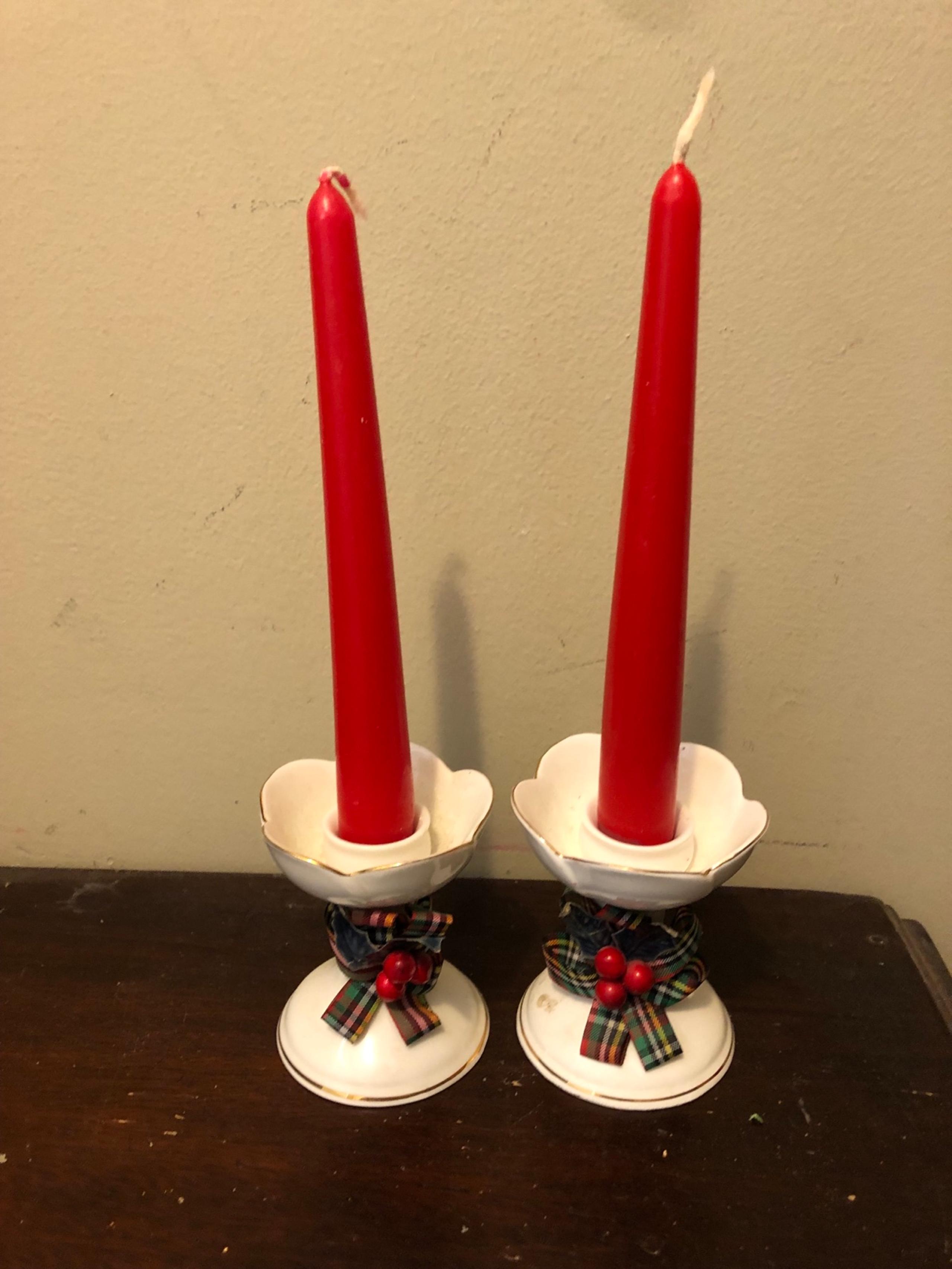 2 Vintage Christmas Candle Holders Set Bone China White 1984 Enesco