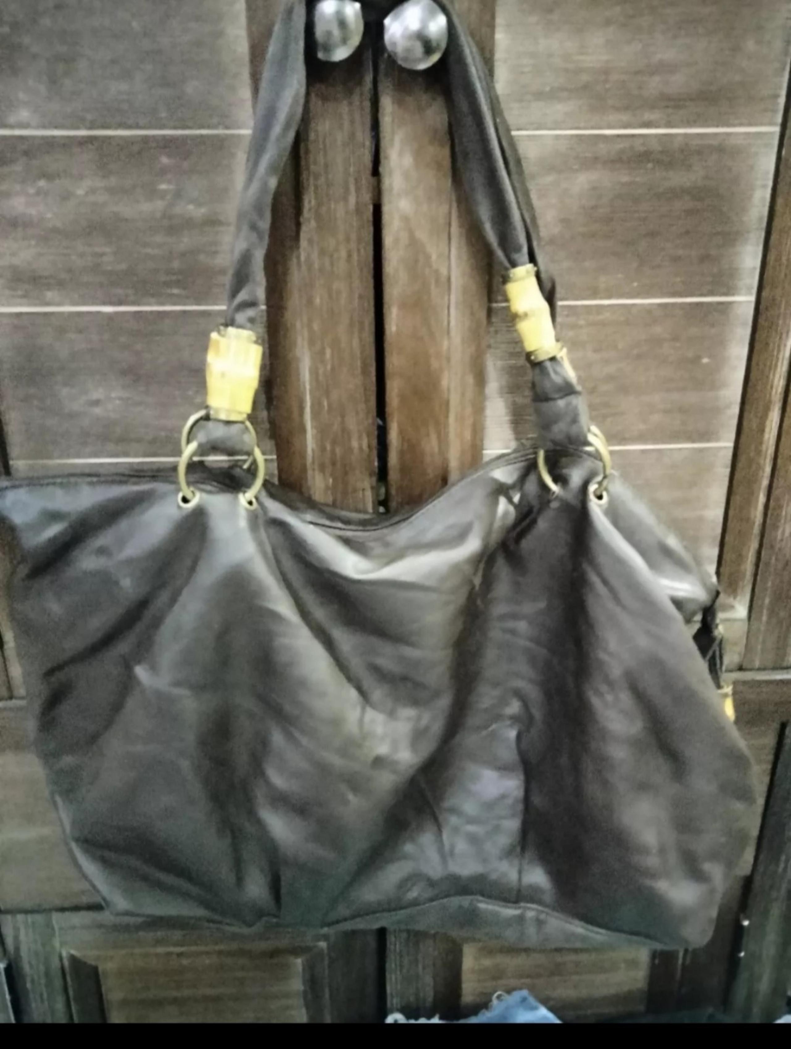 Coldwater Creek Brown Soft Leather Handbag Wooden Accents Spacious Shoulder Bag