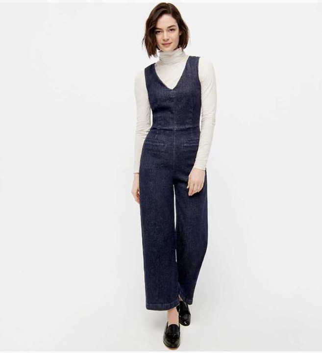 NEW WOMEN'S 6 J CREW V-NECK DENIM JEAN JUMPSUIT IN THUNDER BLUE WASH