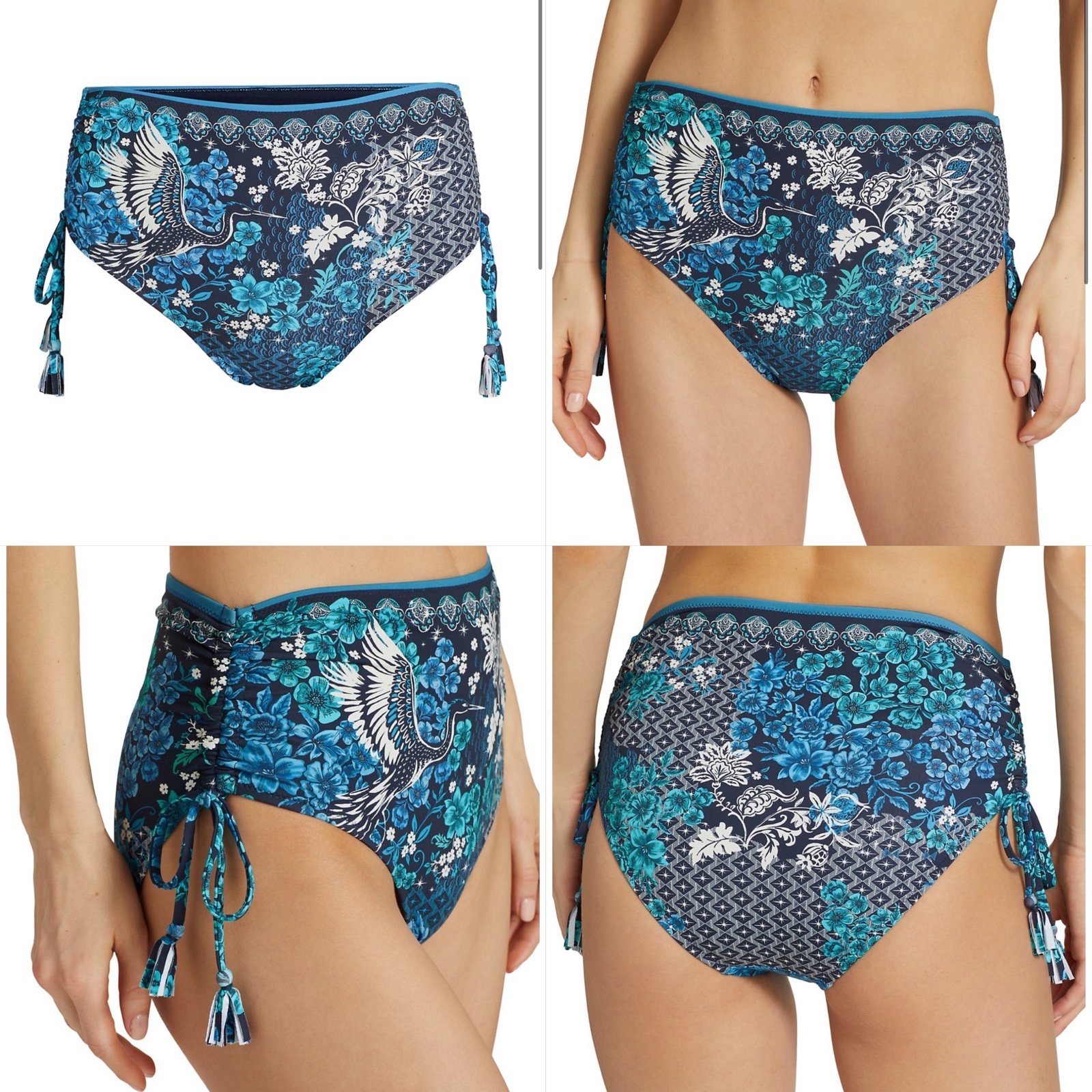 Johnny Was Blue Phoenix Tassel High-Waist Bikini Bottom