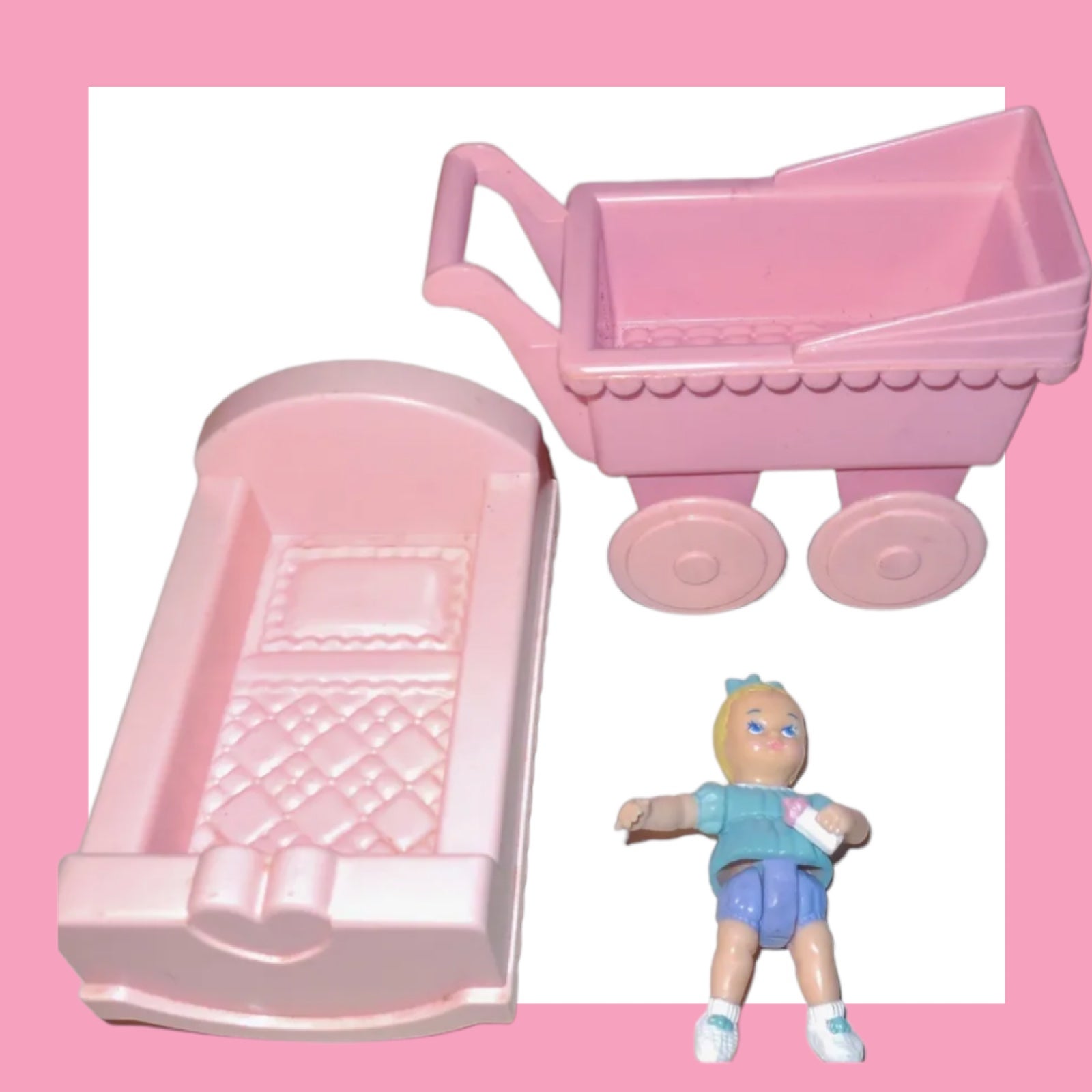 PLAYSKOOL VINTAGE DOLLHOUSE BABY NURSERY ROOM CARRIAGE CRIB DOLL FURNITURE LOT
