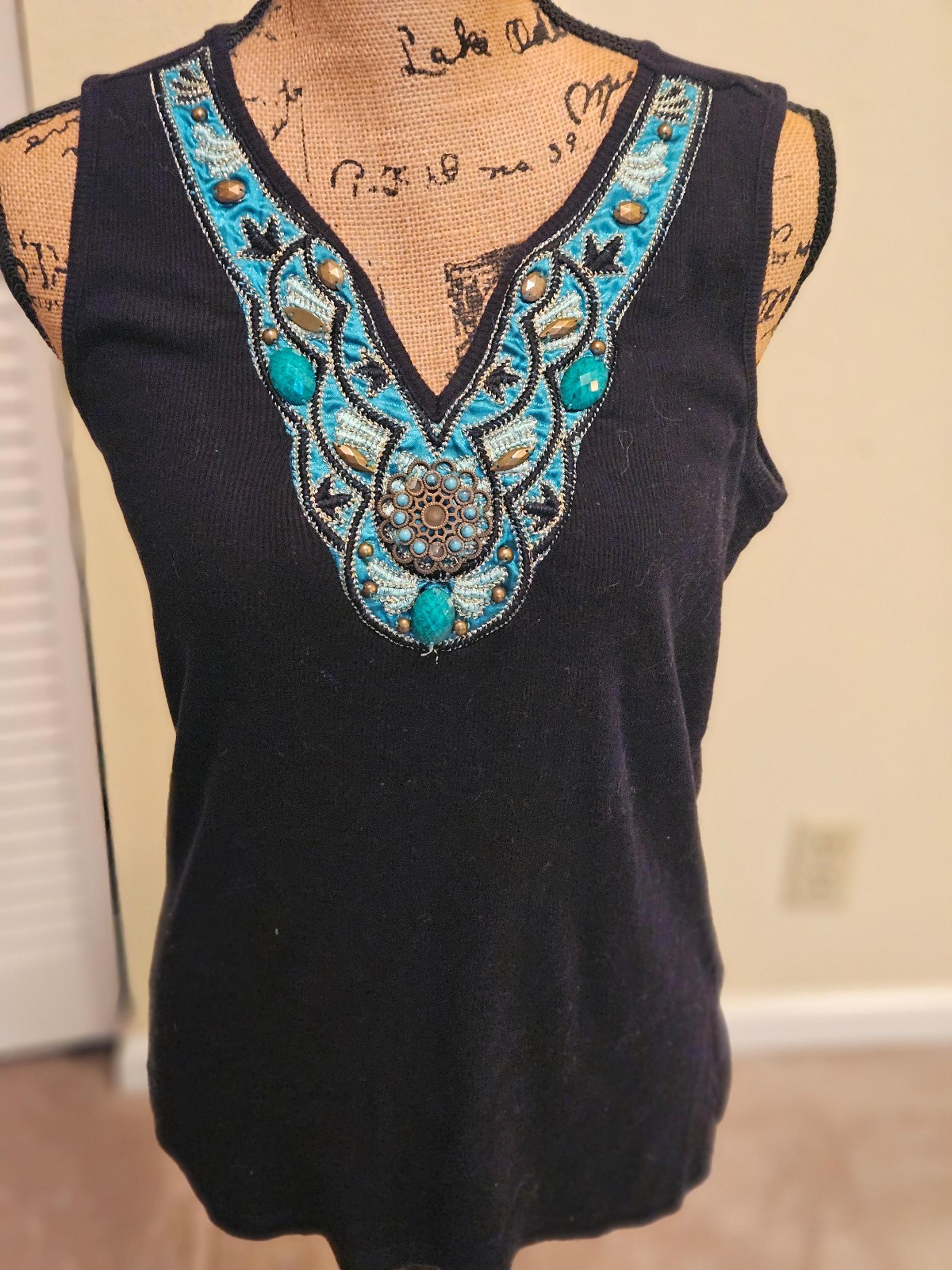 Women's sleeveless black top with applique along front - size large Made in USA.